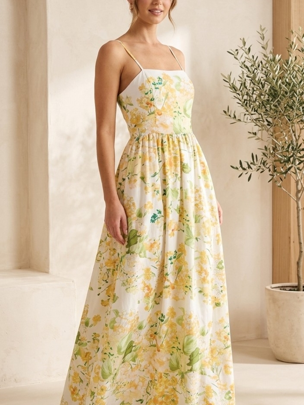 Dalia Mcphee Floral Spaghetti-Strap Maxi Dress in Yellow and Green